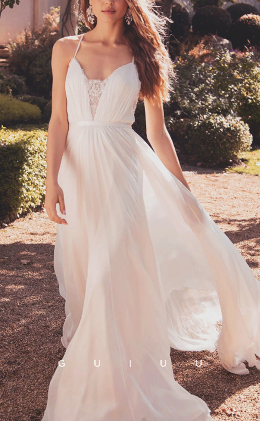 GW953 - Boho A-Line V-Neck Straps Lace Tulle Elegant Wedding Dress with Train