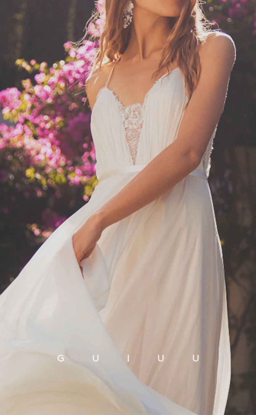 GW953 - Boho A-Line V-Neck Straps Lace Tulle Elegant Wedding Dress with Train