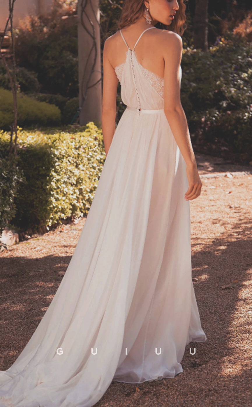 GW953 - Boho A-Line V-Neck Straps Lace Tulle Elegant Wedding Dress with Train