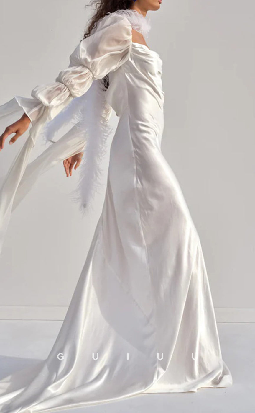 GW954 -  Square Long Sleeves High Slit Sleek Satin Elegant Wedding Dress