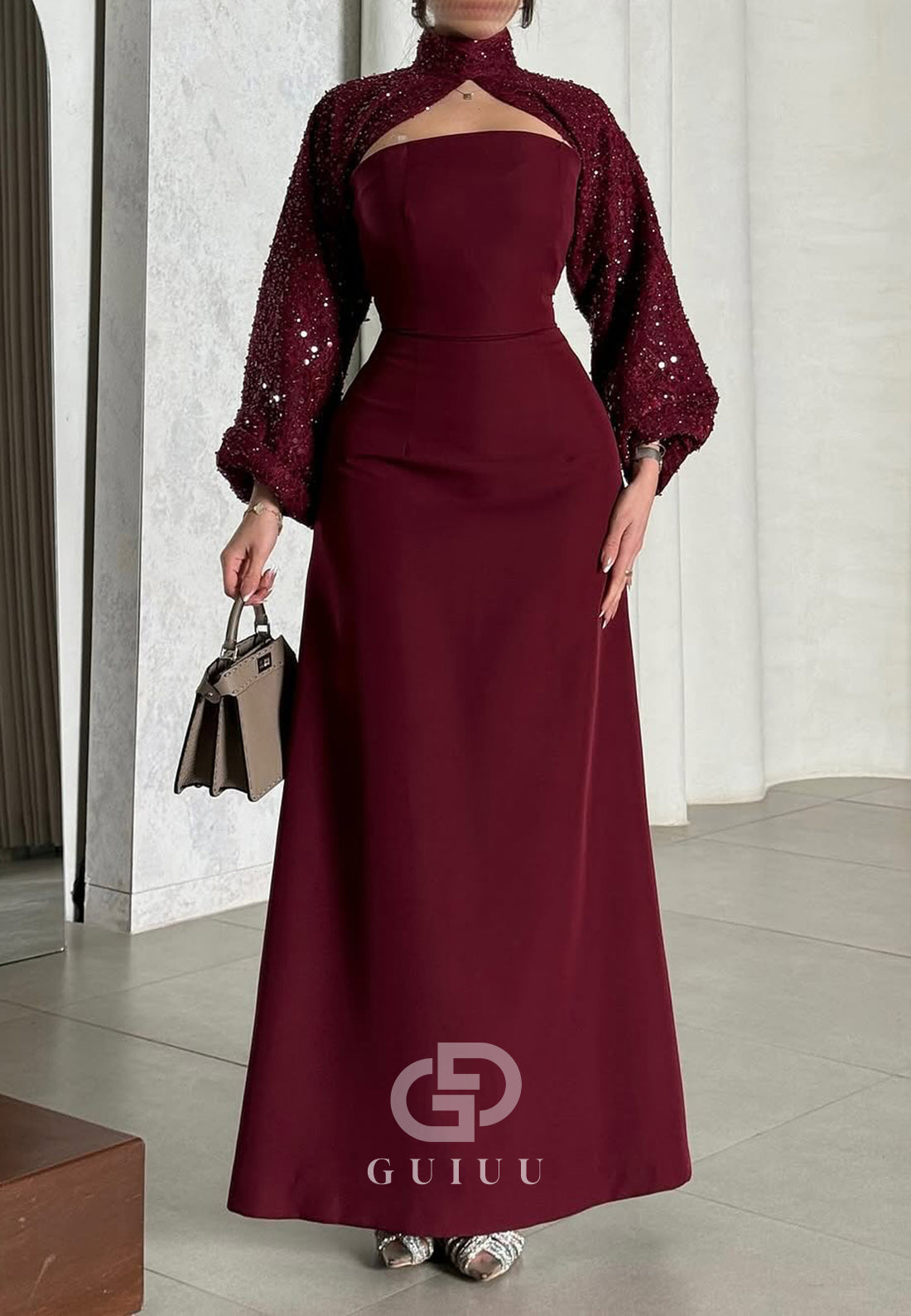 Burgundy A-Line Long Sleeves High Neck Evening Dress