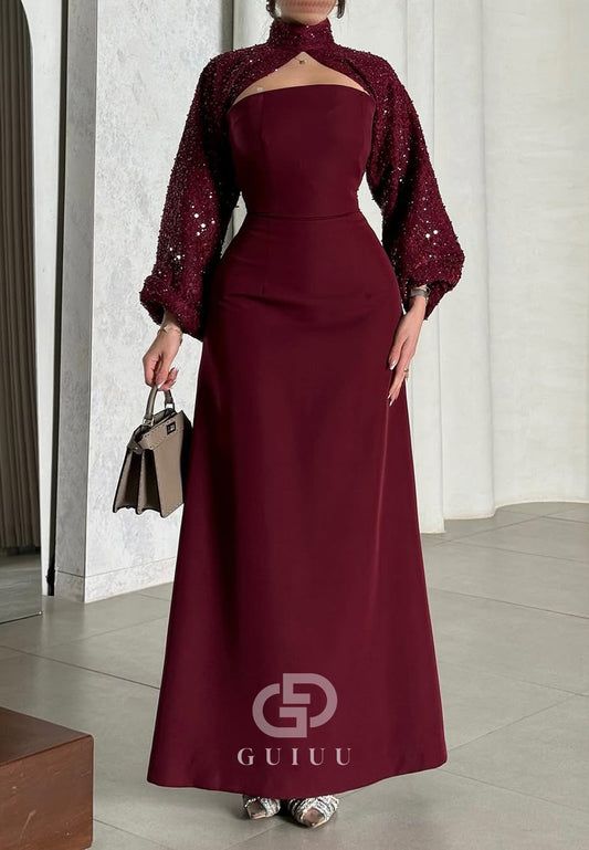 Burgundy A-Line Long Sleeves High Neck Evening Dress