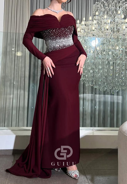 Burgundy A-Line Long Sleeves Sequins Evening Dress