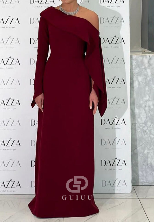 Burgundy Long Sleeves Off-Shoulder Ruffles Evening Dress