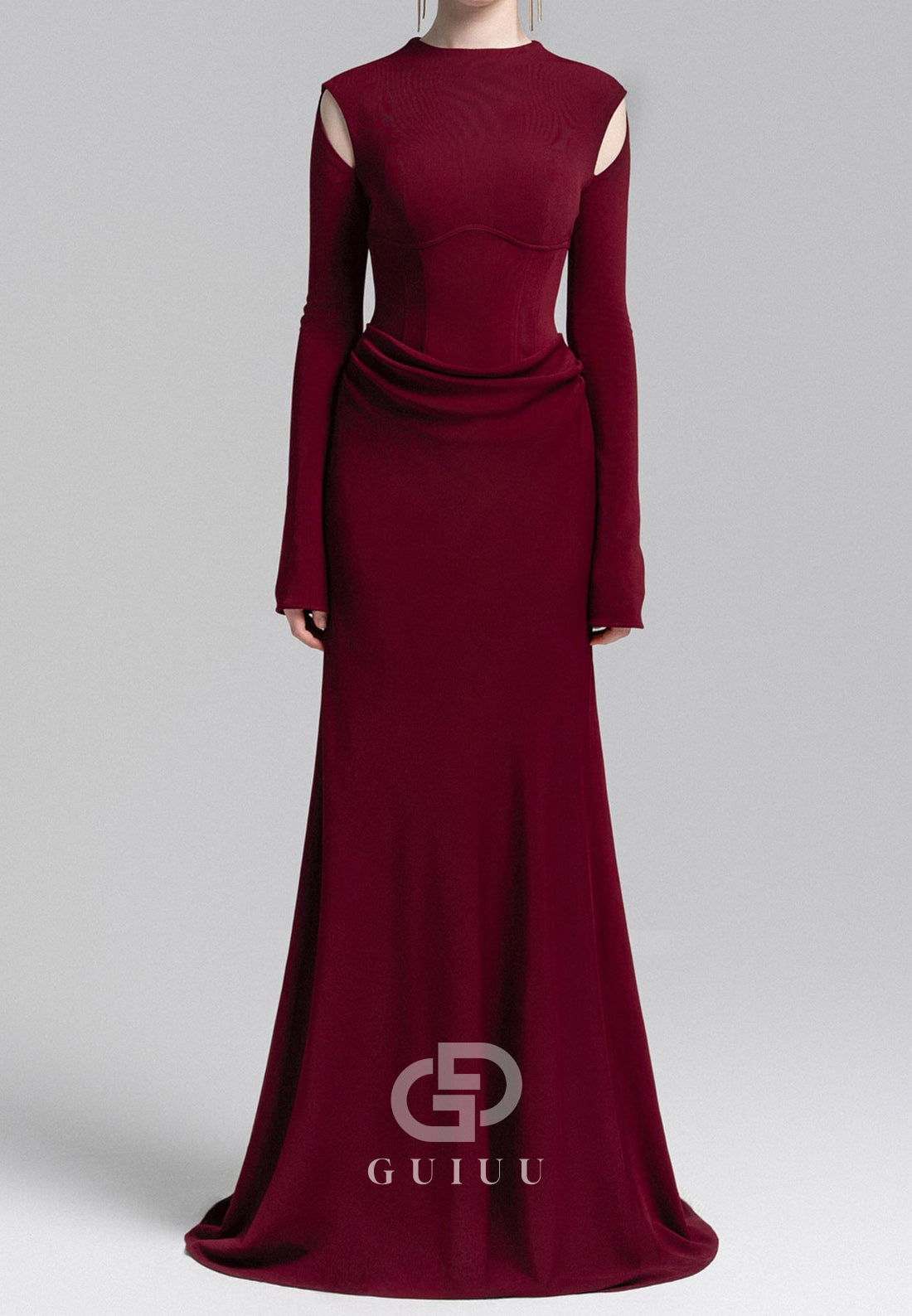 Burgundy Long Sleeves Scoop A-Line Satin Evening Dress
