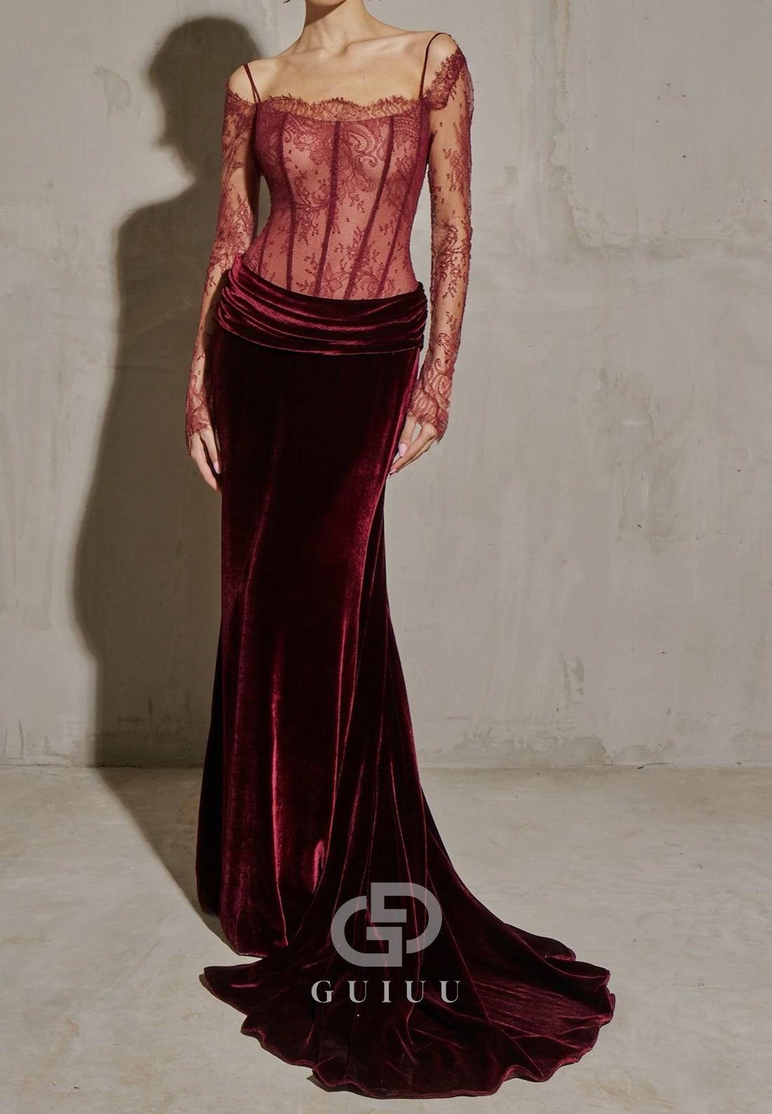 Burgundy Long Sleeves Scoop Ruched Velvet  Evening Dress