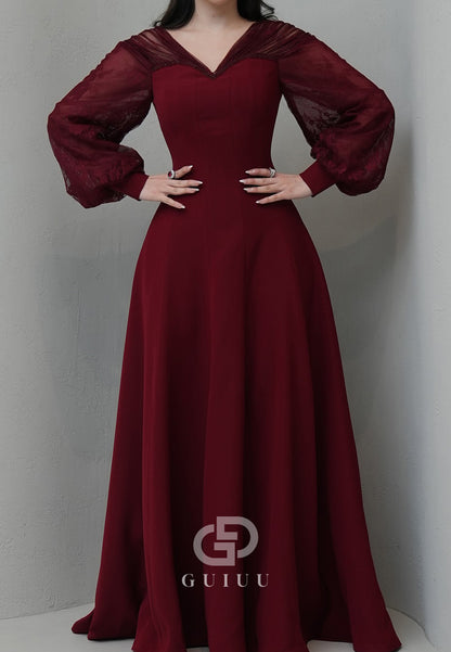 Burgundy Long Sleeves V-Neck Empire-Waist Evening Dress