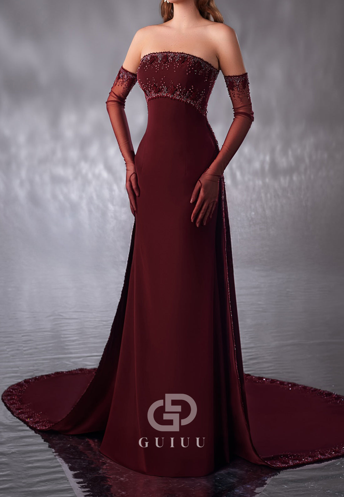 Burgundy Off-Shoulder Corset Sequins A-Line Evening Dress