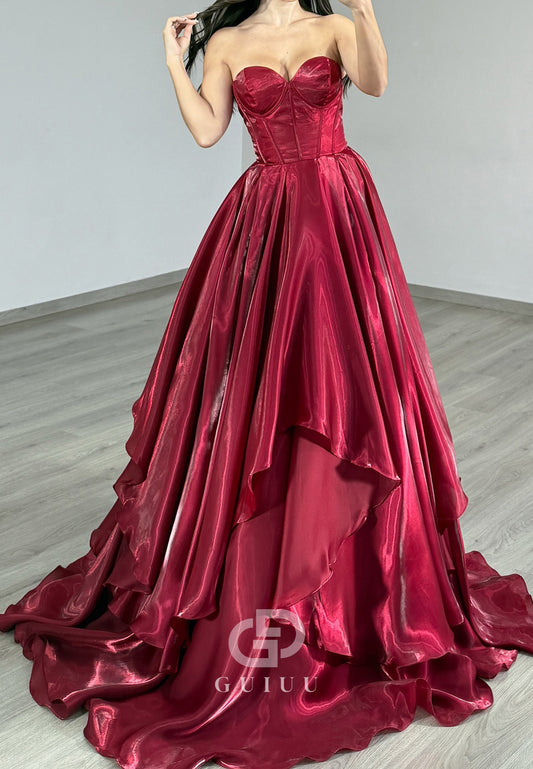 Burgundy Sleeveless Strapless A-Line Ruffles Prom Dress