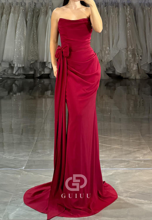 Burgundy Sleeveless Strapless Floral Appliques Evening Dress
