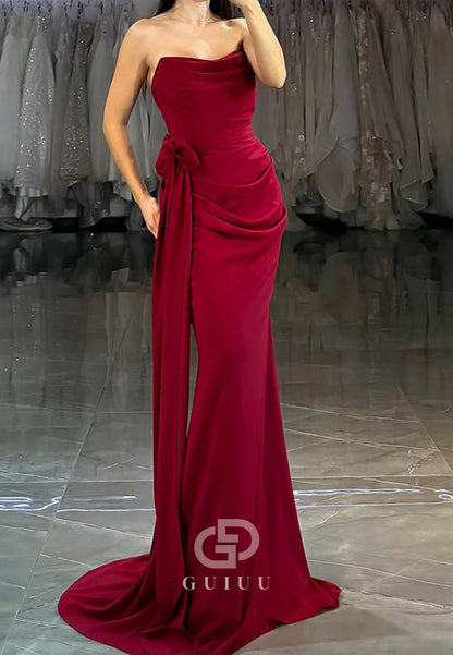 Burgundy Sleeveless Strapless Prom Dress with Slit