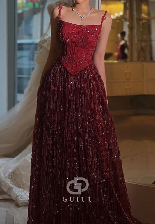 Burgundy Spaghetti Straps Square Sequins Evening Dress