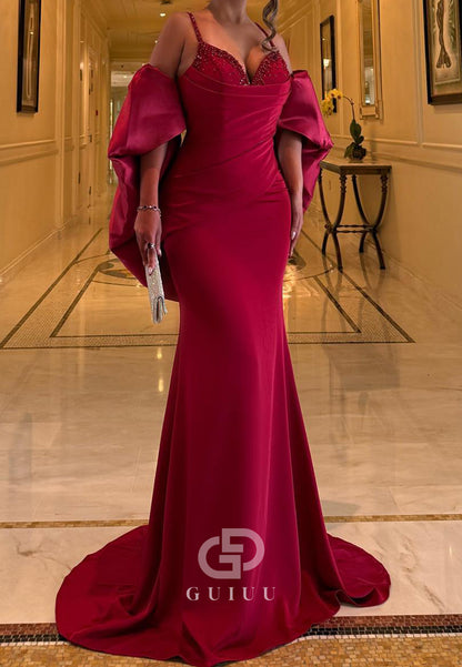 Burgundy Spaghetti Straps V-Neck Mermaid Evening Dress