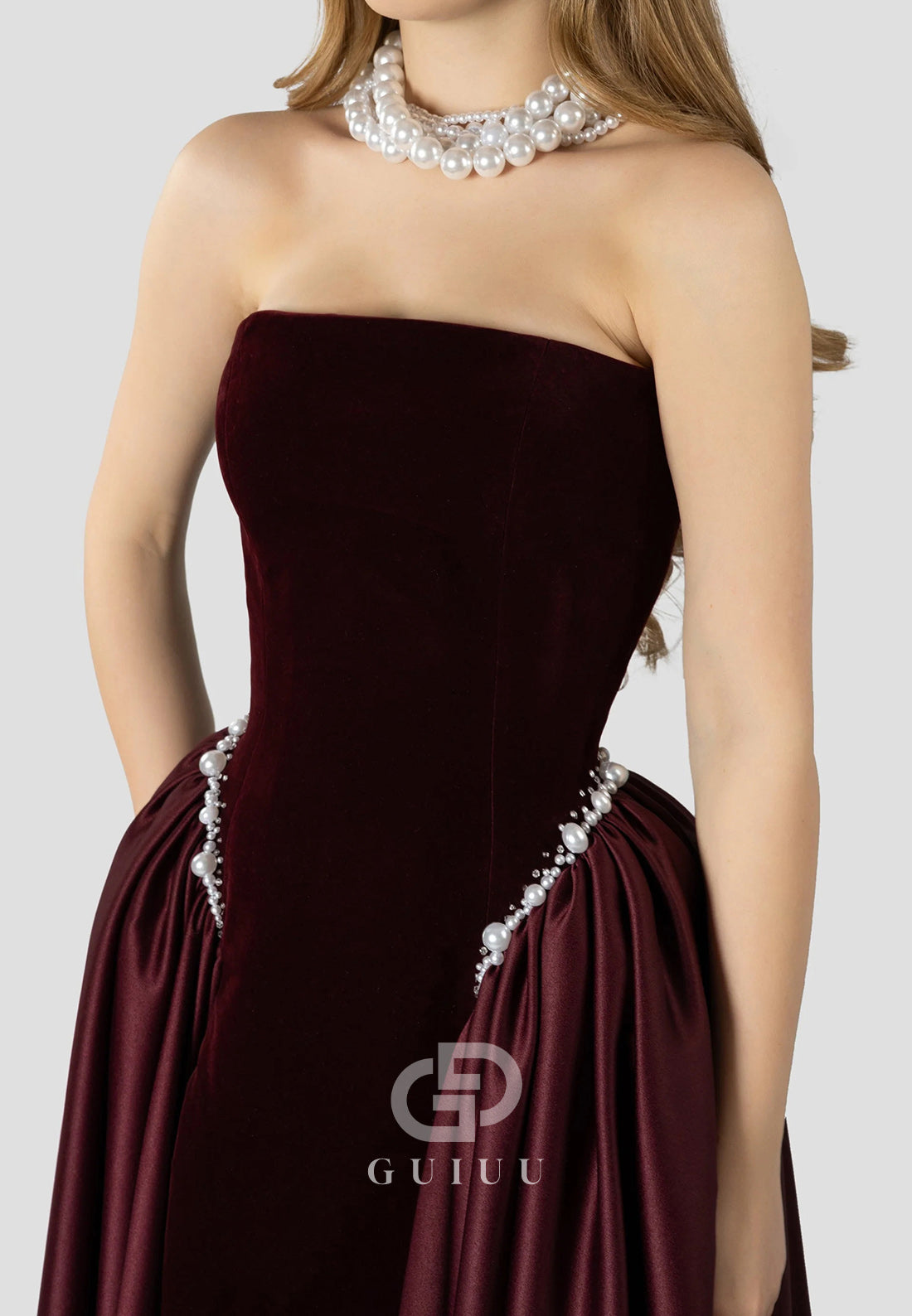 A-Line Strapless Sleeveless Pearls Embroidered Dress