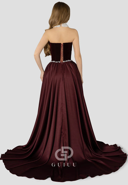 A-Line Strapless Sleeveless Pearls Embroidered Dress