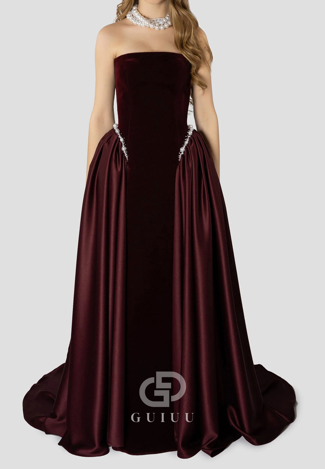 A-Line Strapless Sleeveless Pearls Embroidered Dress