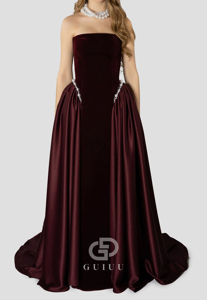 A-Line Strapless Sleeveless Pearls Embroidered Dress