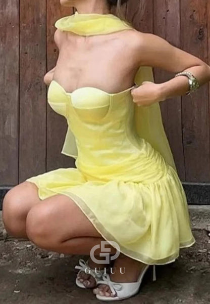 Butter Yellow Strapless Organza Homecoming Dress with Scarf