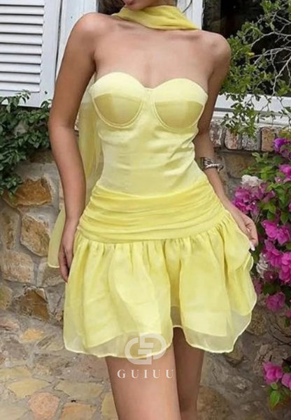 Butter Yellow Strapless Organza Homecoming Dress with Scarf