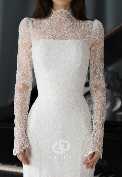 Long Sleeves High Neck Lace Appliques Wedding Dress