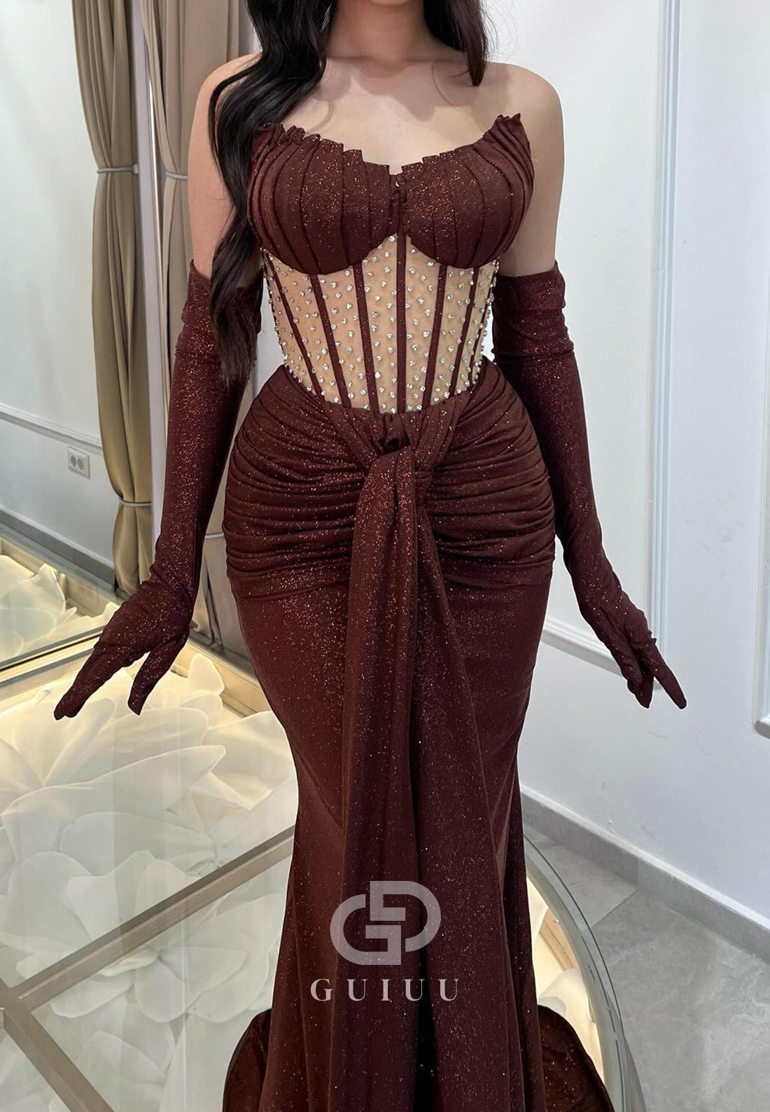 Cabernet Off-Shoulder Corset Illusion Ruched Evening Dress