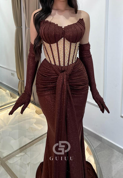 Cabernet Off-Shoulder Corset Illusion Ruched Evening Dress