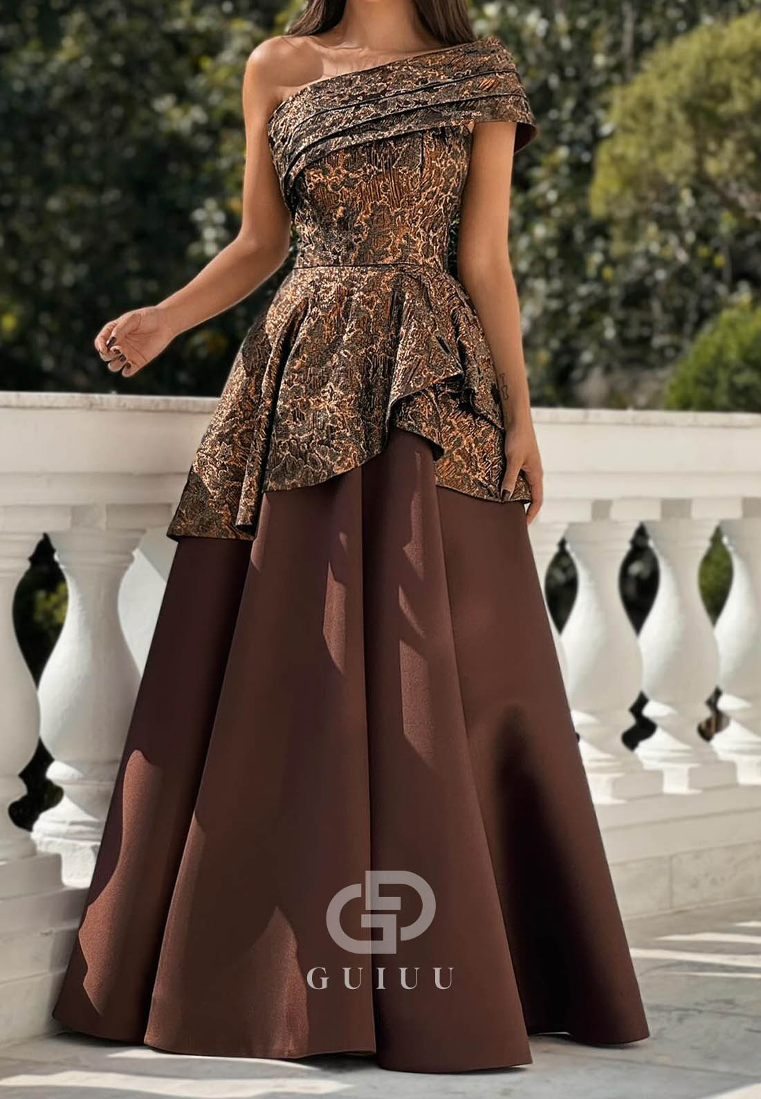 Cabernet One Shoulder Sleeveless Empire-Waist Prom Dress
