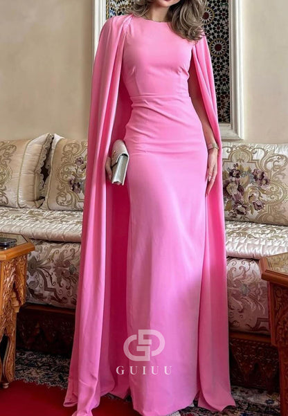 Candy Pink Cape Scoop A-Line Floor-Length Evening Dress