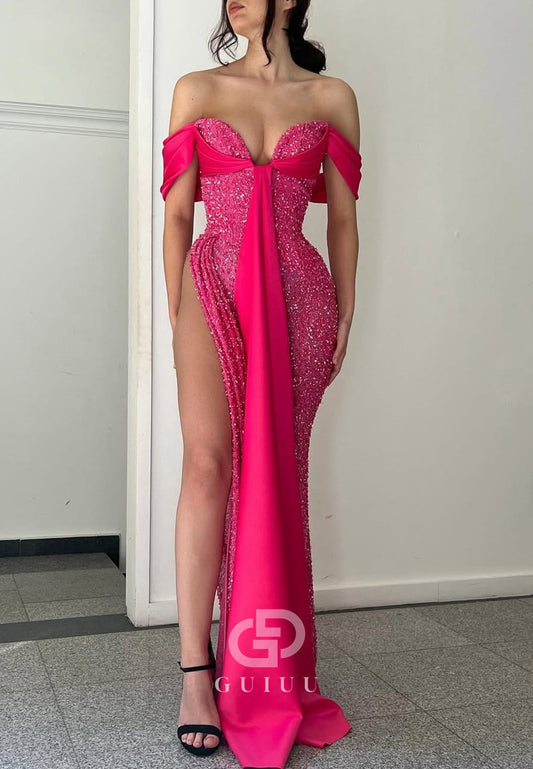 Candy Pink Sleeveless Sweetheart Slit Sequins Prom Dress