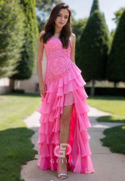 Candy Pink Spaghetti Straps Scoop Prom Dress with Ruffles Corset Evening Party Dress