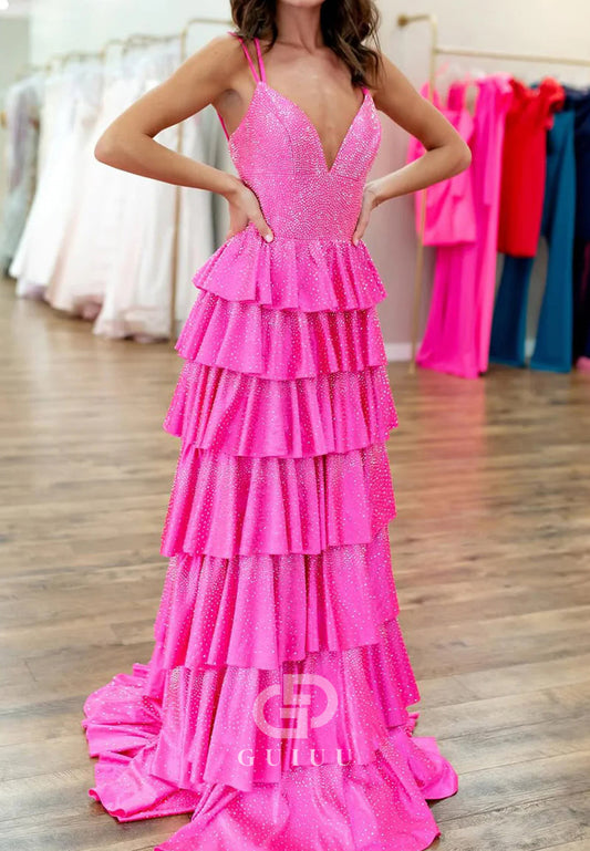 Candy Pink Spaghetti Straps V-Neck Ruffles Prom Dress