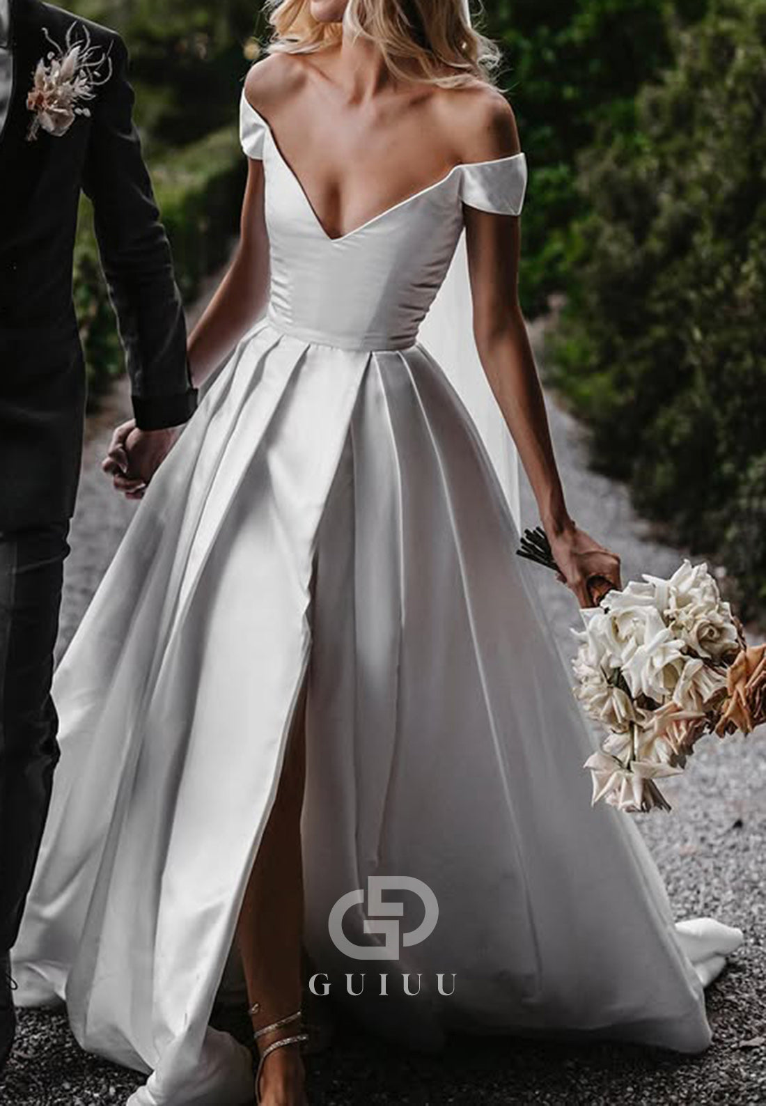 Cap Sleeves V-Neck Corset Satin Wedding Dress