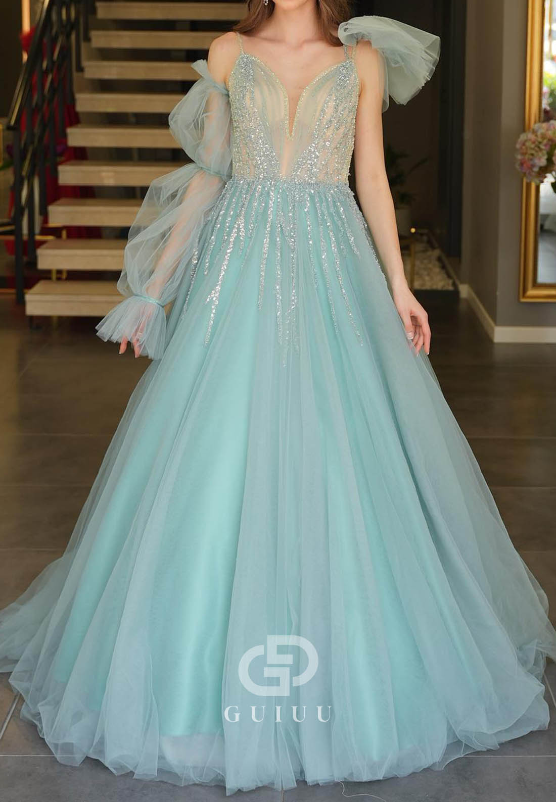 Caribbean A-Line Long Sleeves Sweetheart Lace Prom Dress