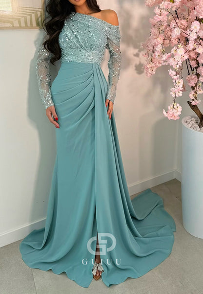 Caribbean Long Sleeves Ruched A-Line Prom Dress