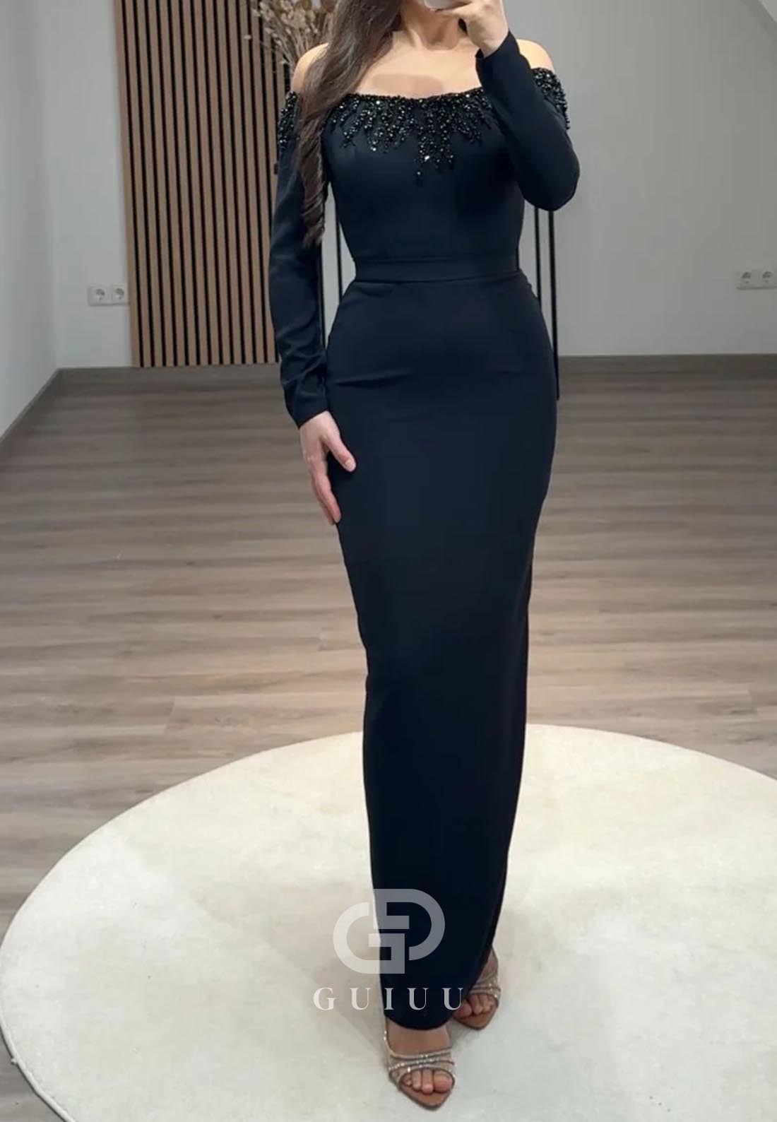 Sheath Off-Shoulder Long Sleeves Sequins Evening Dress