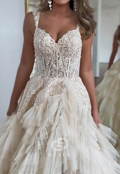 A-Line Tulle Long Prom Dress With Slit and Ruffles