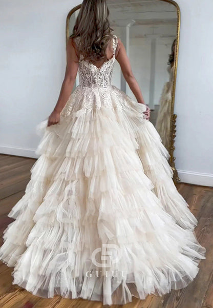 A-Line Tulle Long Prom Dress With Slit and Ruffles