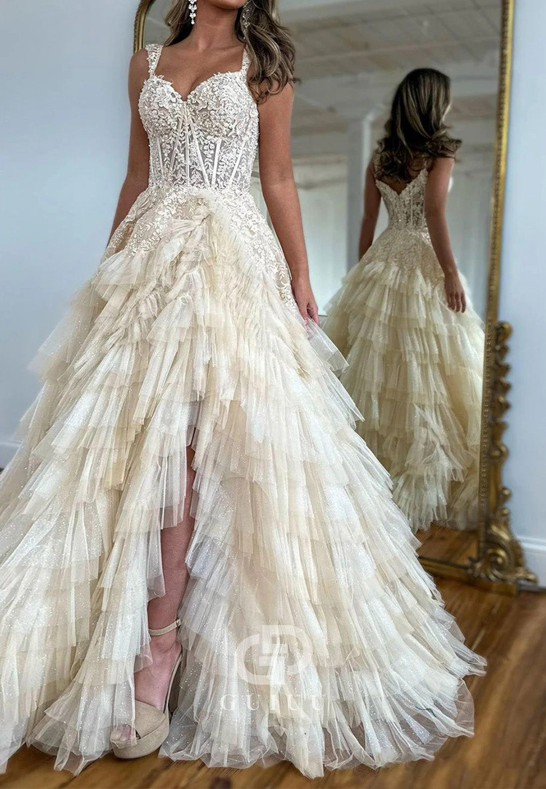 A-Line Tulle Long Prom Dress With Slit and Ruffles