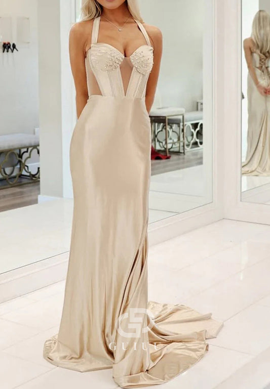 Champagne Mermaid V-Neck  Satin Long Prom Dresses with Beading