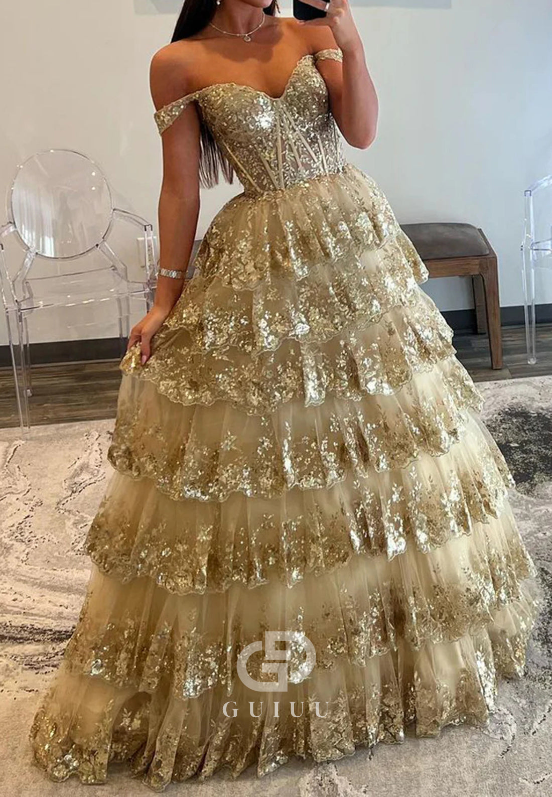 Champagne Sleeveless Strapless Ruffles Prom Dress