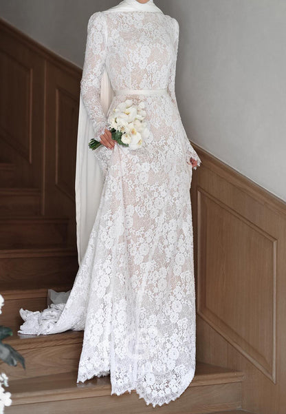 Charming A-Line High Neck Lace Appliques A-Line Wedding Dress