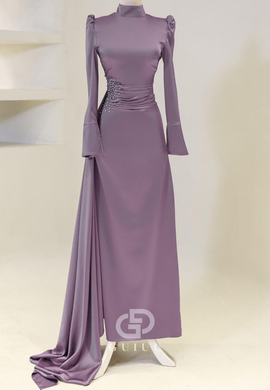 Charming A-Line High Neck Long Sleeves Pearls Evening Dress