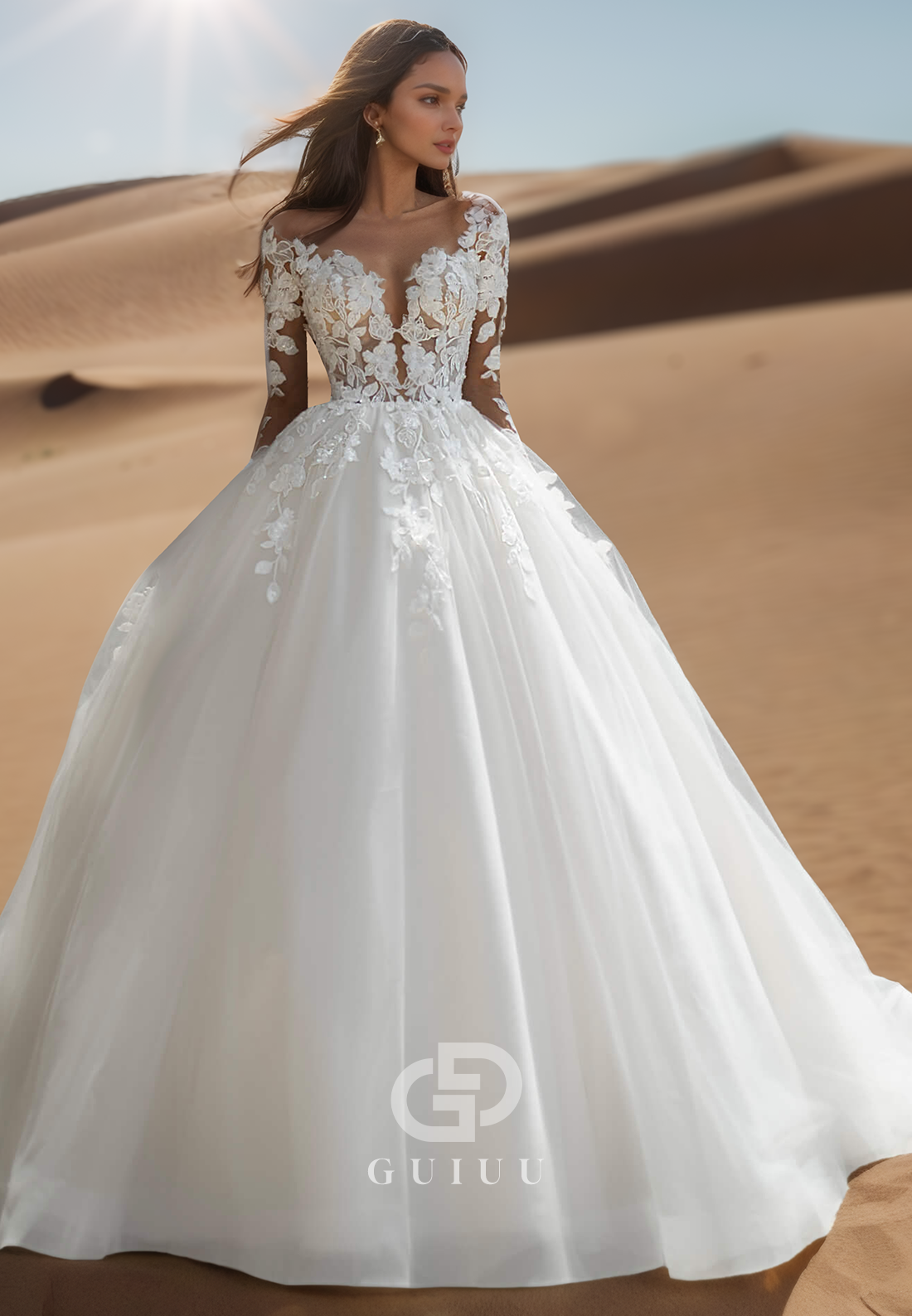 Charming A-Line Long Sleeves Scoop Floral Appliques Lace Wedding Dress
