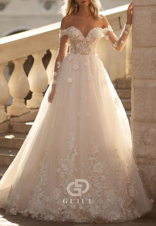 Charming A-Line Long Sleeves Sweetheart Floral Appliques Lace Wedding Dress