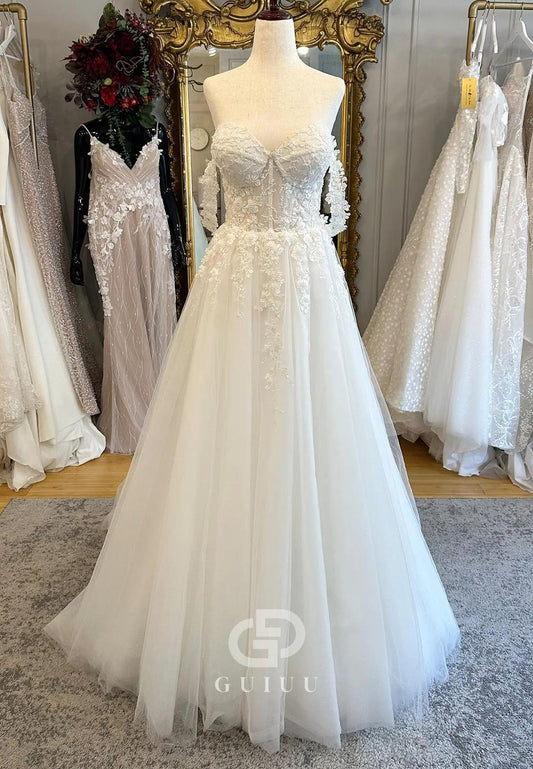 Charming A-Line Off-Shoulder Sweetheart Appliques Lace Wedding Dress