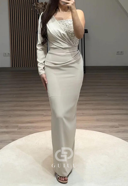Charming A-Line One Shoulder Long Sleeves Sequins Evening Dress