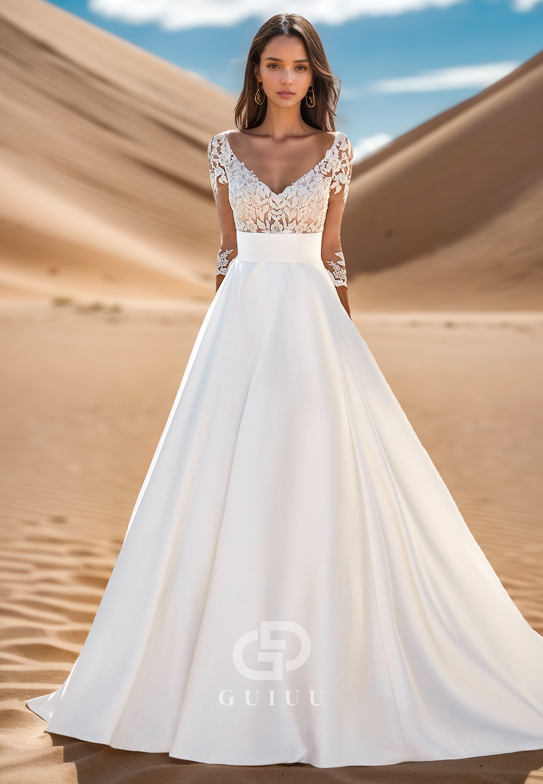 Charming A-Line Scoop Half-Sleeves Empire-Waist Satin Wedding Dress