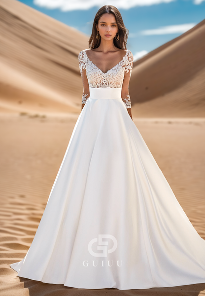 Charming A-Line Scoop Half-Sleeves Empire-Waist Satin Wedding Dress