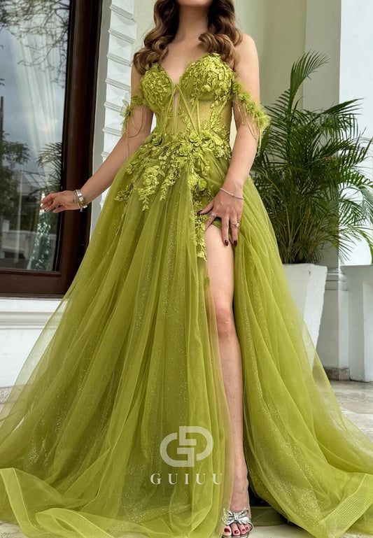 Charming A-Line Sleeveless Corset Tulle Slit Prom Dress