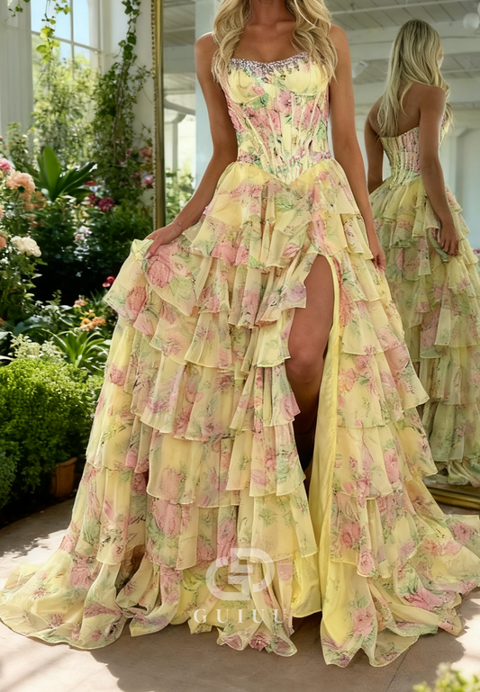 Charming A-Line Sleeveless Strapless Ruffles Slit Prom Dress